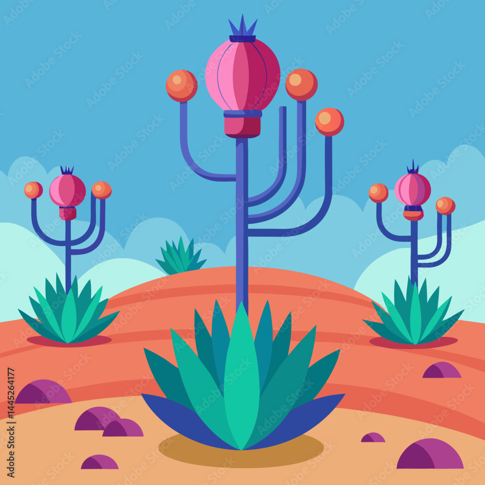 Fototapeta premium A cartoon illustration of a vibrant poppy plant growing in a dry desert landscape.