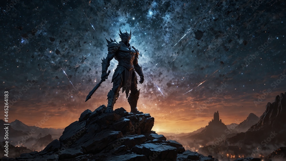 A statue of Heniel, the fallen star guardian, surrounded by cascading meteors, footprints etched with the remnants of collapsed stars
