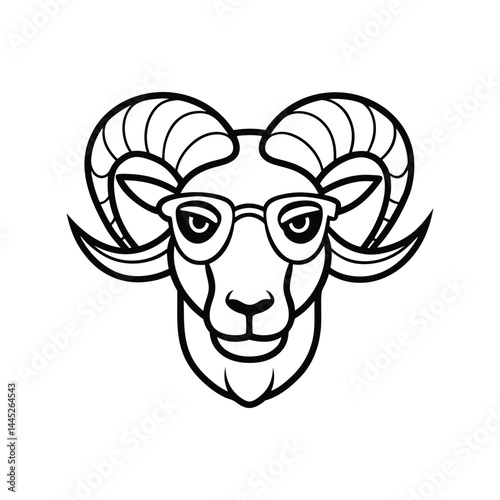 Line art drawing of a ram head wearing futuristic sunglasses.eps