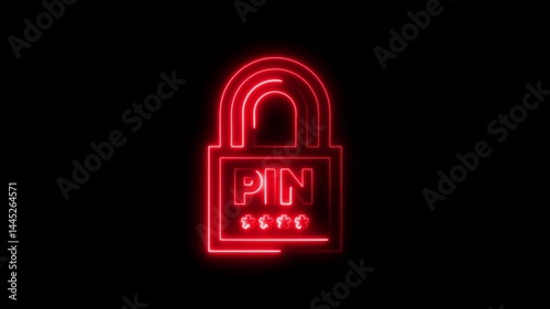Glowing red neon padlock with pin code security on black background