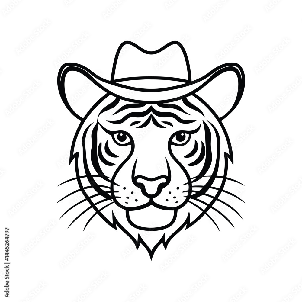 Line art drawing of a tiger head wearing cowboy hat.eps Line art drawing of a tiger head wearing cowboy hat.eps