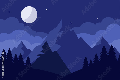 Serene Night Moonlit Mountainscape Illustration