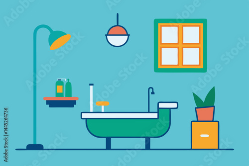 Modern Bathroom Interior Design Minimalist Green Bathtub, Stylish Lighting, and Plants