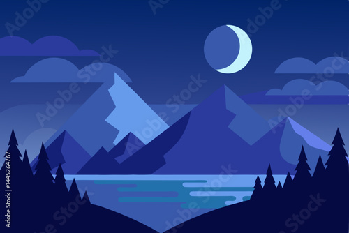 Serene Night Majestic Mountains and Tranquil Lake Under a Crescent Moon