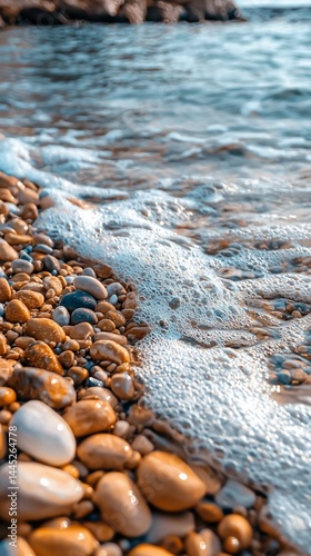 Coastal pebbles and foamy waves