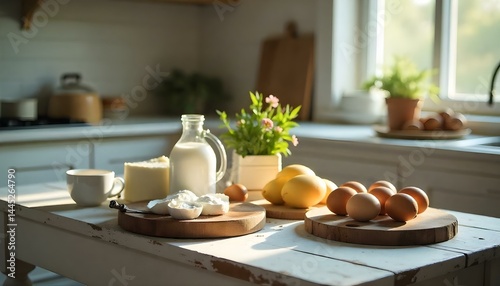 Wallpaper Mural delicious fresh dairy products and eggs on white wooden background Torontodigital.ca