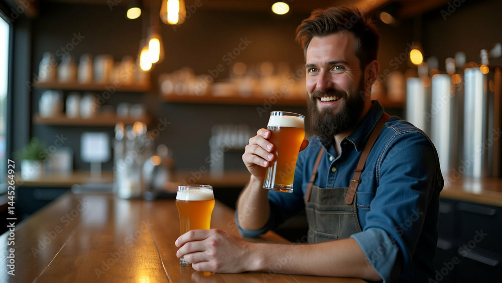 Bearded Man Savoring Craft Beer at Rustic Bar: Authentic Brewery Experience with Blurred Equipment - Perfect Stock Photo Concept with Space for Text Bearded Man Savoring Craft Beer at Rustic Bar: Authentic Brewery Experience with Blurred Equipment - Perfect Stock Photo Concept with Space for Text