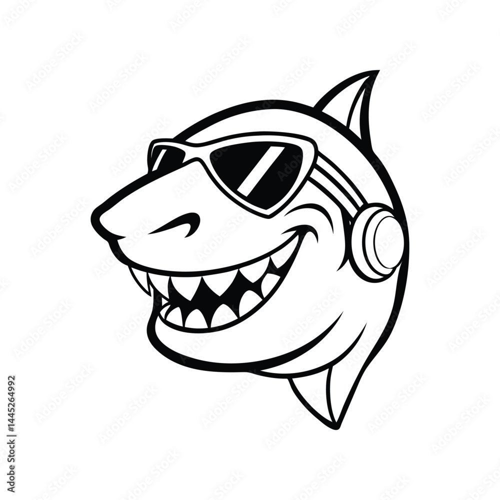 Line art drawing of a shark head wearing headphone and sunglass.eps Line art drawing of a shark head wearing headphone and sunglass.eps