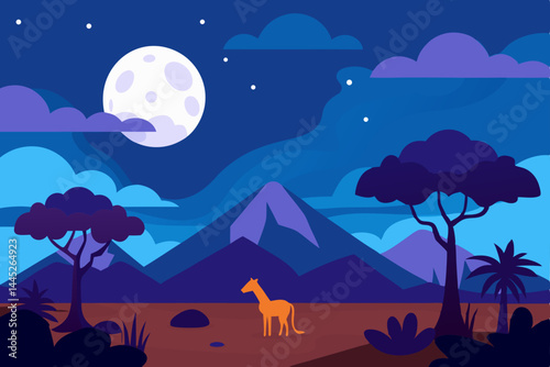 Serene Night in the African Savanna A Giraffe Under the Moonlight