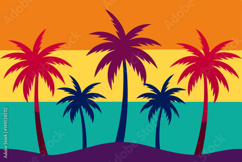 Vibrant Sunset Palm Trees Tropical Beach Paradise Illustration