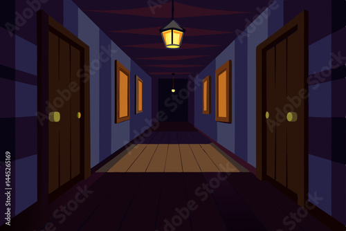 Mysterious Dark Hallway Eerie Atmosphere, Long Corridor, Creepy Doors, Dim Lighting, Spooky Setting