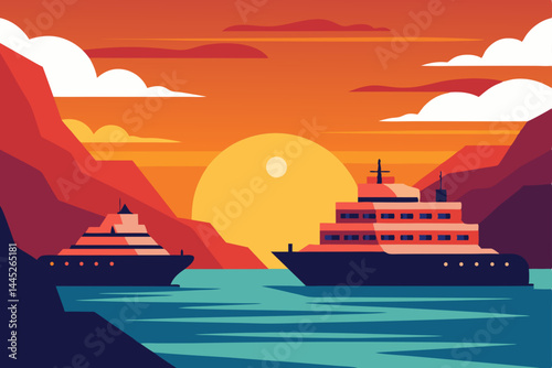 Sunset Cruise Luxury Yachts at Golden Hour in Mountainous Bay