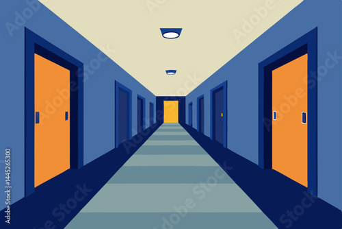 Endless Corridor A Graphic Design of a Long Hotel Hallway with Doors