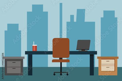 Modern Office Workspace Desk, Chair, and City View Illustration