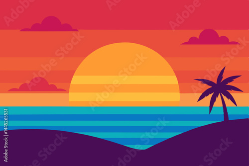 Vibrant Sunset Beach Scene Tropical Paradise Illustration