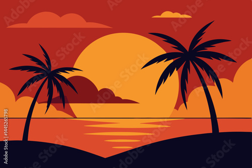 Tropical Sunset Palm Trees Silhouette at Orange Beach Sunset Illustration