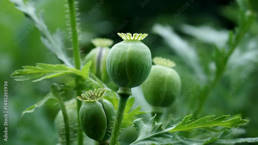 Green poppy seed pods with fresh foliage reveal detailed botanical structures in natural light of late spring Green poppy seed pods with fresh foliage reveal detailed botanical structures in natural light of late spring