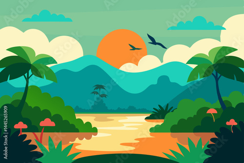 Serene Tropical Sunset A Vibrant Landscape Illustration of Lush Mountains and Tranquil Waters