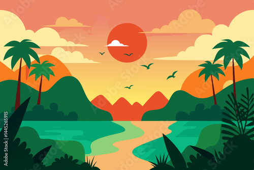 Tropical Sunset Landscape Vibrant Colors and Serene Island Paradise