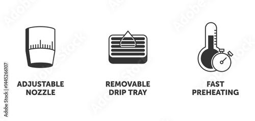 Coffee machine icons - Fast preheating, Adjustable nozzle, Removable drip tray. in monochrome style