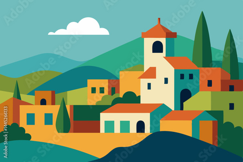 Vibrant Hillside Village A Colorful Illustration of Mediterranean Architecture and Landscape