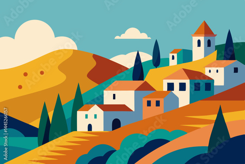 Charming Hillside Village A Vibrant Summer Landscape Illustration