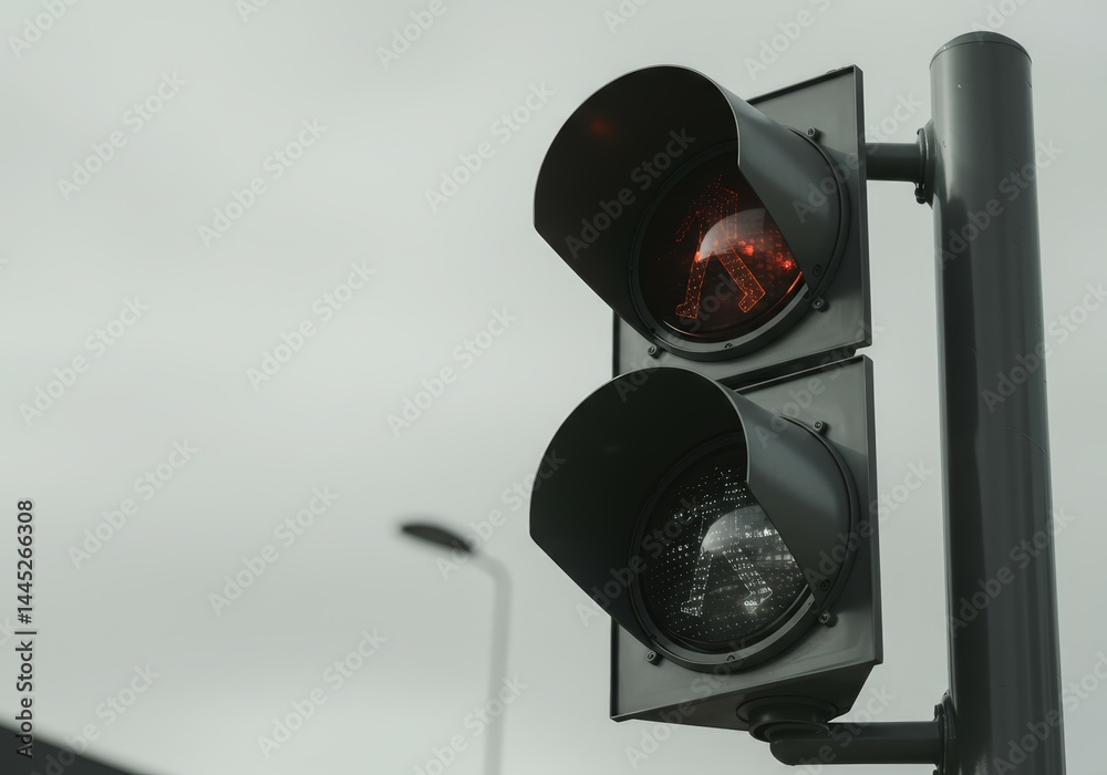 Pedestrian traffic light illuminated with red stop symbol, providing essential road safety signage for urban pedestrian crossings in city streets and public areas.