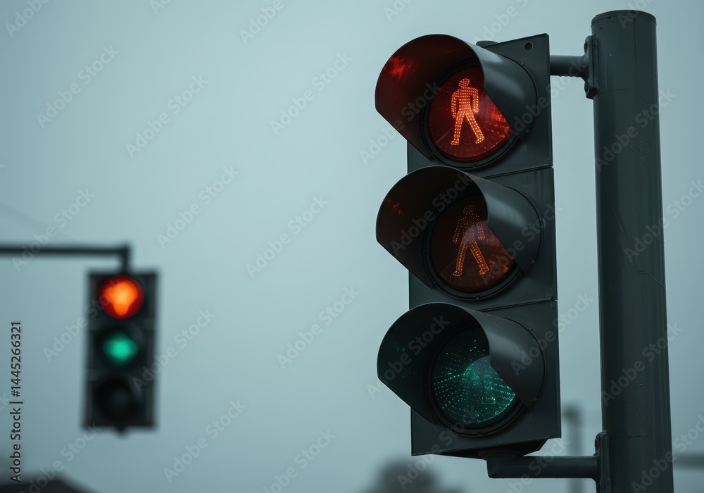 Red pedestrian traffic light signal illuminated with green signal light for crosswalk street intersection indicating halt for crossing symbol for road safety and urban commute design