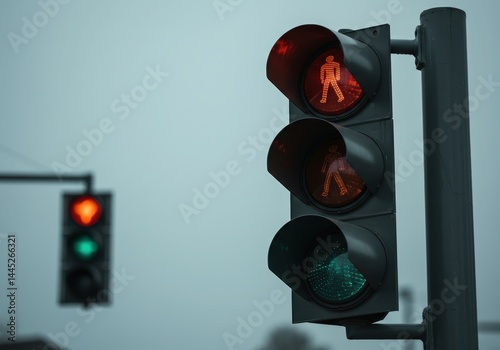 Obraz na płótnie Red pedestrian traffic light signal illuminated with green signal light for crosswalk street intersection indicating halt for crossing symbol for road safety and urban commute design w salonie
