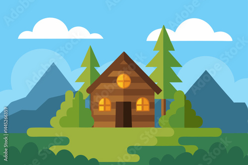 Cozy Mountain Cabin Escape A Serene Illustration of Rustic Architecture in Nature