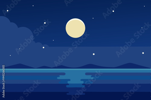 Serene Nightscape Moonlit Ocean and Starry Sky Illustration