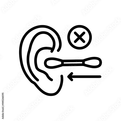 Cleaning the auditory canal with a cotton swab. Illustration with a forbidden sign, concept of prohibition. Removing earwax simple symbol on white background.
