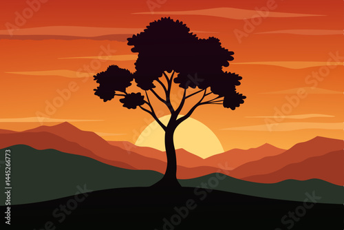 Majestic Sunset Silhouette Solitary Tree on Mountain Landscape