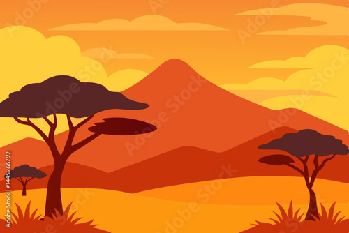 African Savanna Sunset Majestic Mountain Landscape Illustration