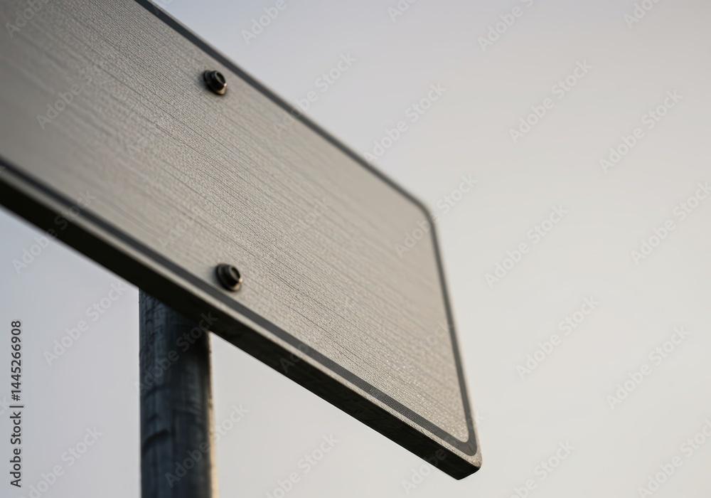 Close up of a blank road sign post with copy space on a light sky background. Symbolizing direction, information, or a decision crossroads on a journey or path ahead.