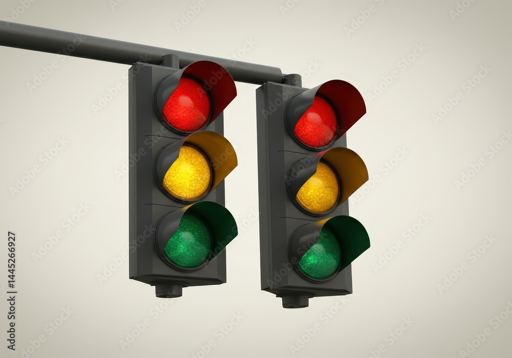 Realistic illustration of two traffic lights hanging with all lights lit, showing red, yellow, and green. Road safety concept and urban traffic control system element.