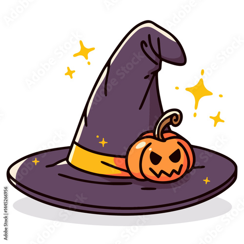 Halloween pointy wizard magic hat with pumpkin, doodle isolated cute clean and simple cartoon vector illustration