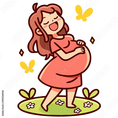 Happy pregnant woman walking on a grass with flowers and butterflies and toughing her belly, singing, doodle cartoon character, kawaii isolated cute clean and simple vector illustration