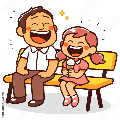 Happy father and daughter having fun family time together, sitting on the bench eating ice cream, parent dad and child girl, doodle cartoon character, kawaii isolated cute clean  vector illustration