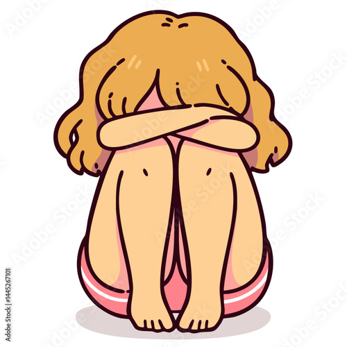 Depressed girl sitting with her head down, arms wrapped around knees, doodle cartoon character, isolated clean and simple vector illustration