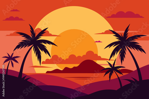 Sunset Silhouette Tropical Island Paradise at Dusk