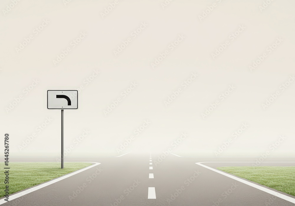 Road sign indicating a left turn ahead is placed on a highway with an intersection in the distance, representing safety and navigation infrastructure for vehicular traffic.
