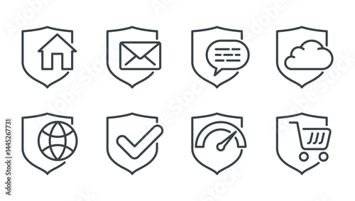 Security icons set in thin line with diverse symbols interacting with shield shape