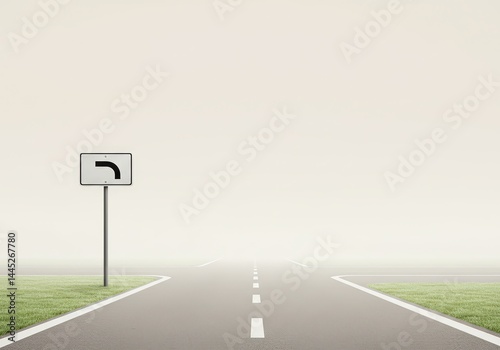 Obraz na płótnie Road sign indicating a left turn ahead is placed on a highway with an intersection in the distance, representing safety and navigation infrastructure for vehicular traffic. w salonie