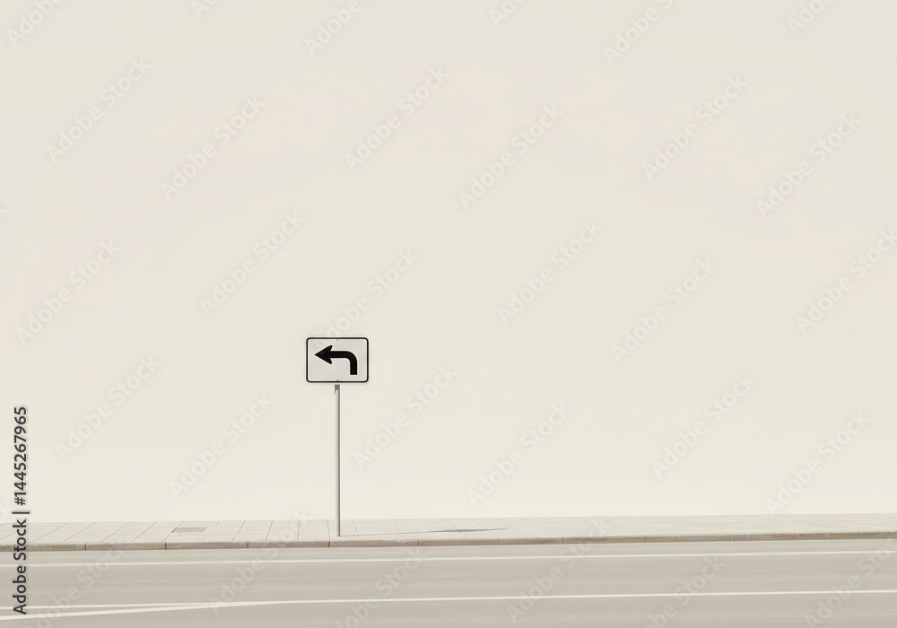White rectangular turn left road sign symbol stands on a metal pole next to a sidewalk on a city street with an empty light wall background.