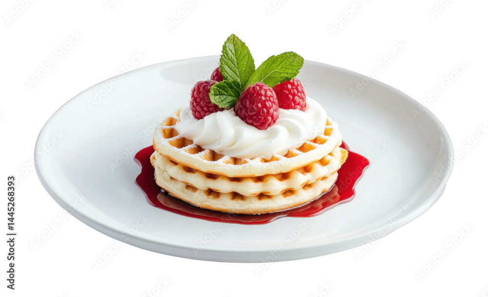 Delicious waffles with whipped cream, raspberries, and syrup on a plate Delicious waffles with whipped cream, raspberries, and syrup on a plate