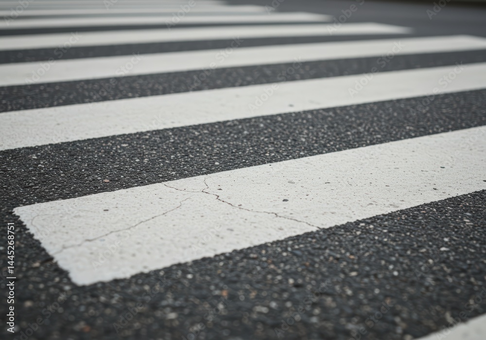 Zebra pedestrian crossing on asphalt road surface close up. Safety concept for pedestrian and driver on urban road. Use for road safety education poster