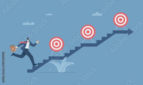 Businessman running up stairs with set goals on the steps, Setting goals to achieve them step by step, Motivation to achieve goals. Flat vector design illustration.