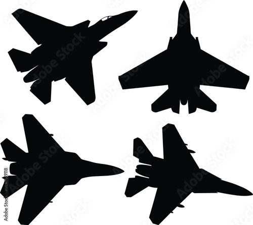 Black and White Fighter Jet Silhouettes – Top-Down Vector Illustration of Military Aircraft in Symmetrical Formation with Minimalist Design and Bold Aerodynamic Shapes