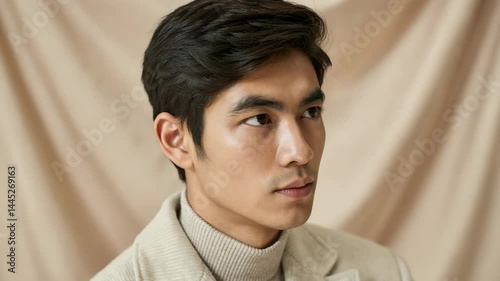 Young man with serious expression posing against soft beige background  